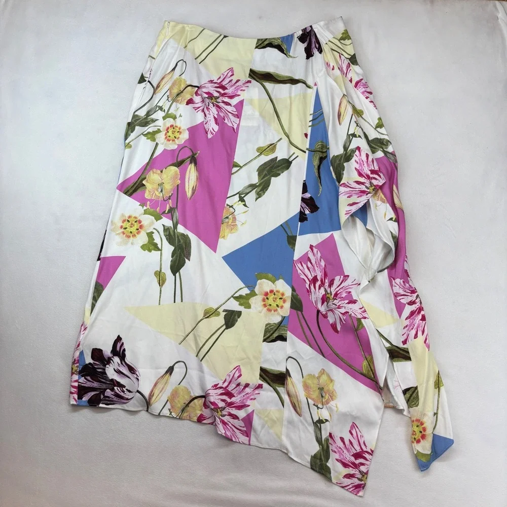 Ted Baker‎ Saphiya Floral Geometric Asymmetric Midi Skirt White Pink Size 5 NEW